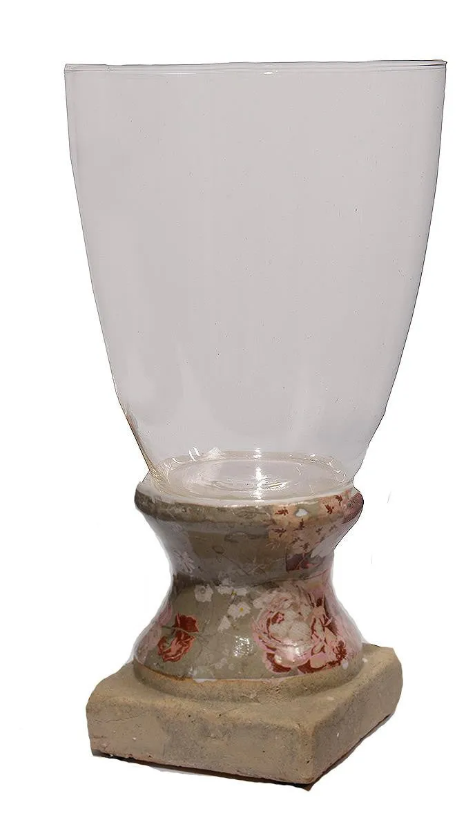 12" Vintage Rose Antique-Style Olive Tan Floral Hurricane Vase Candle Holder