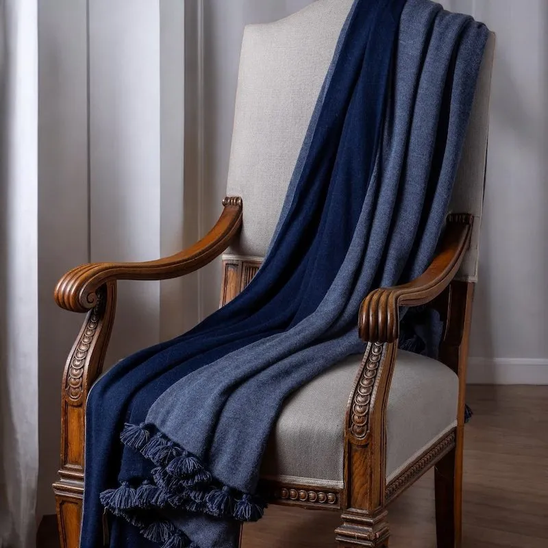 Alicia Adams Alpaca Bali Pompom Throw in Navy and Denim Blue