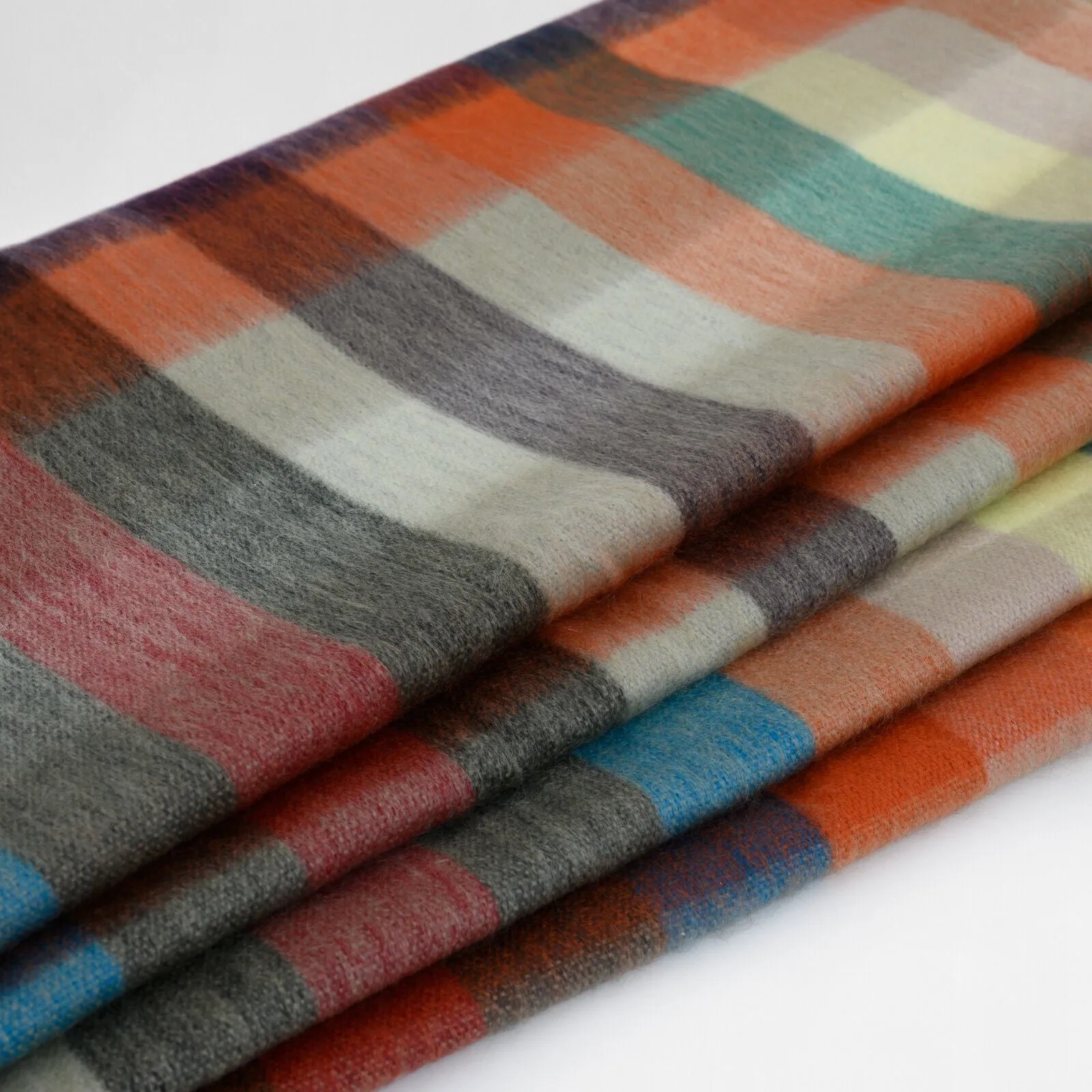 Anzu - Baby Alpaca Wool Throw Blanket / Sofa Cover - Queen 96 x 66 in - Multicolor Checker Plaid In Orange Blue Brown