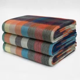 Anzu - Baby Alpaca Wool Throw Blanket / Sofa Cover - Queen 96 x 66 in - Multicolor Checker Plaid In Orange Blue Brown