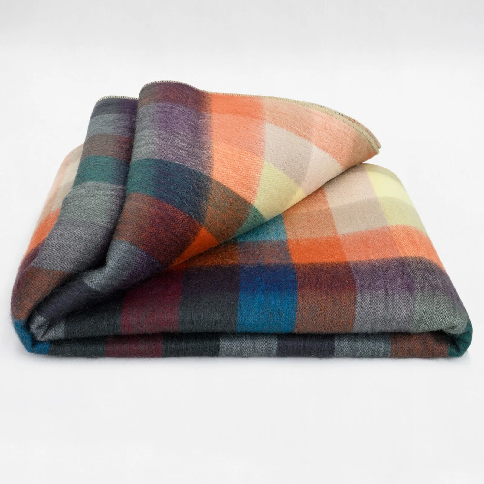 Anzu - Baby Alpaca Wool Throw Blanket / Sofa Cover - Queen 96 x 66 in - Multicolor Checker Plaid In Orange Blue Brown