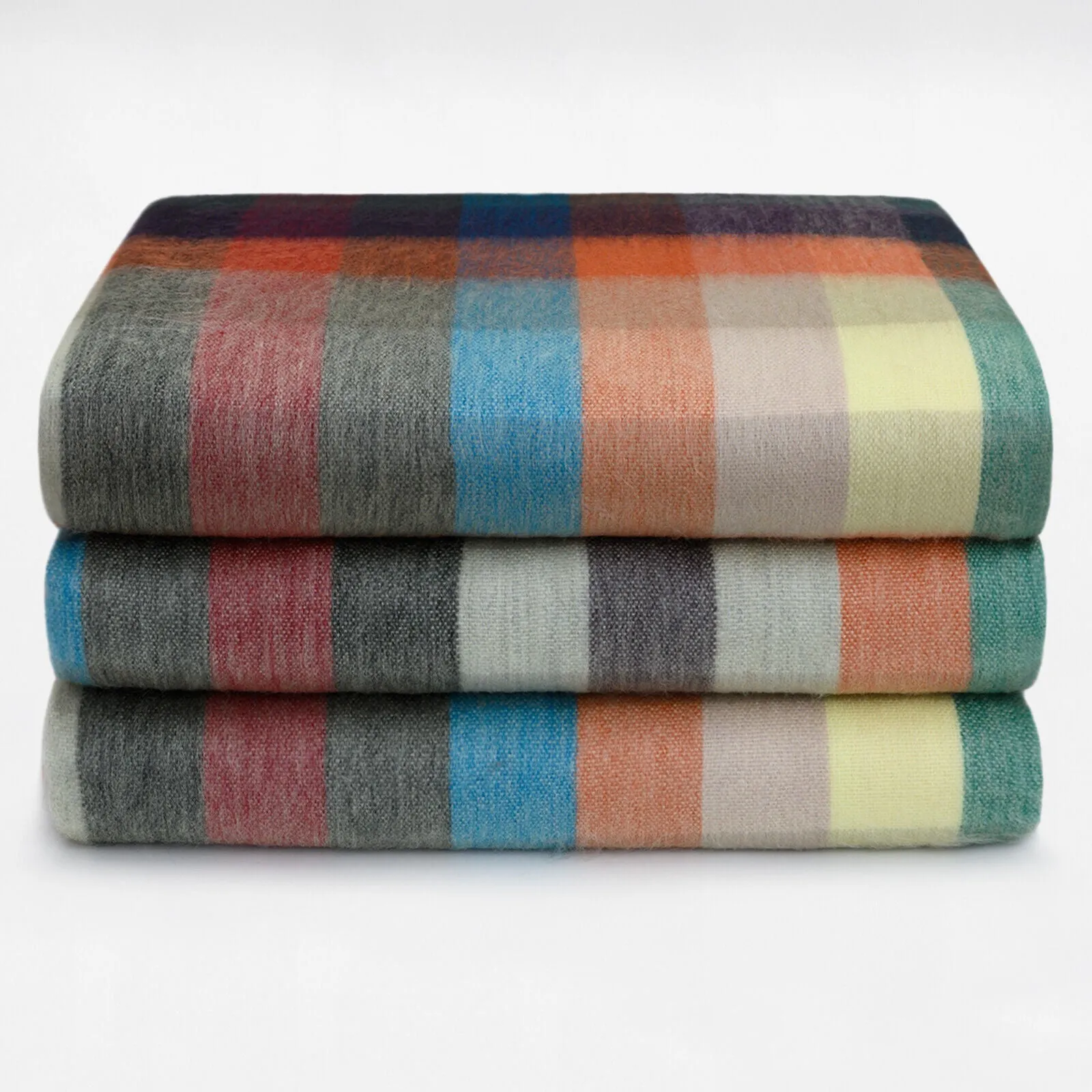 Anzu - Baby Alpaca Wool Throw Blanket / Sofa Cover - Queen 96 x 66 in - Multicolor Checker Plaid In Orange Blue Brown