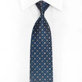 Blue Silver Geometric Design On Silver Silk Rhinestone Tie With Sparkles