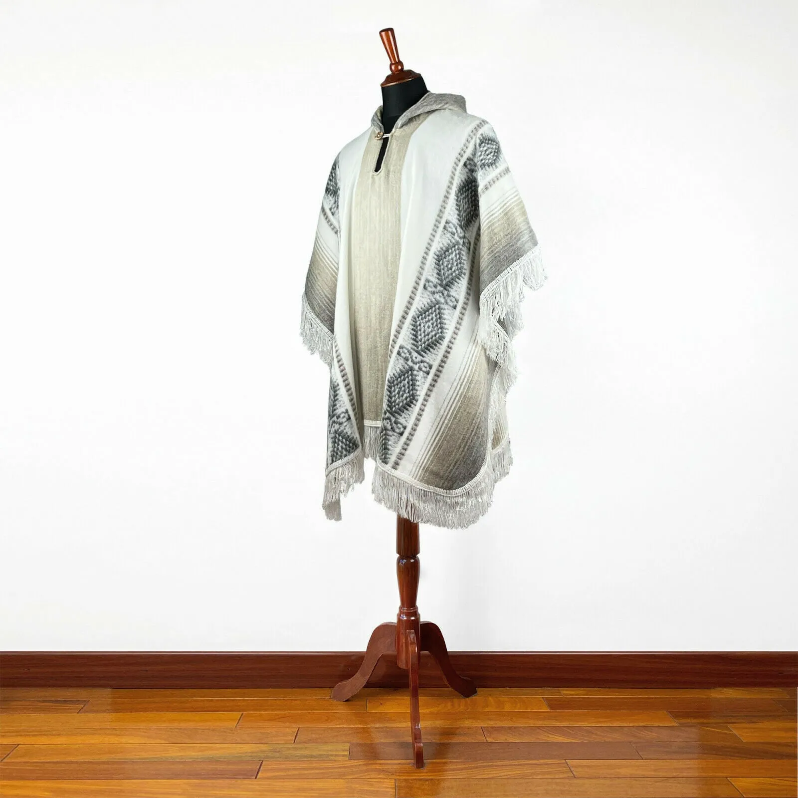 Chicaña - Lightweight Baby Alpaca Hooded Fringed Poncho - Beige - Unisex