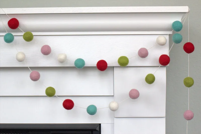 Christmas Felt Ball Garland- Red, Turquoise, Pink, Lime, White