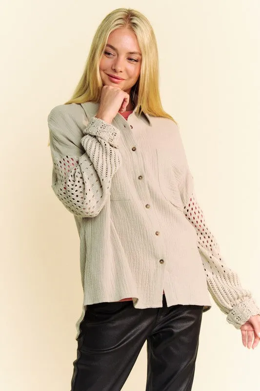 Crochet Sleeve Crinkled Texture Shirt