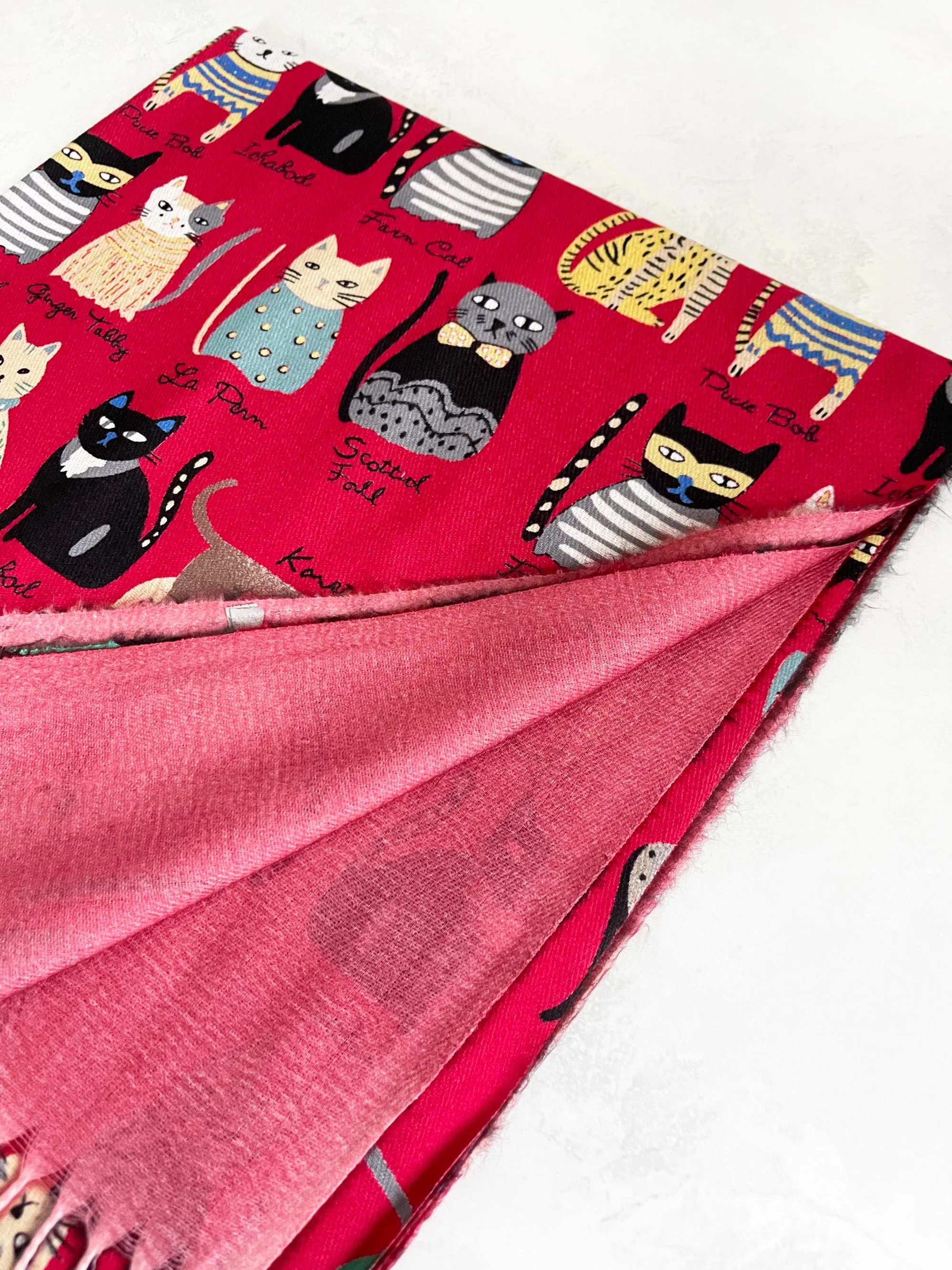 DARK RED CAT PRINT LONG LIGHTWEIGHT SCARF