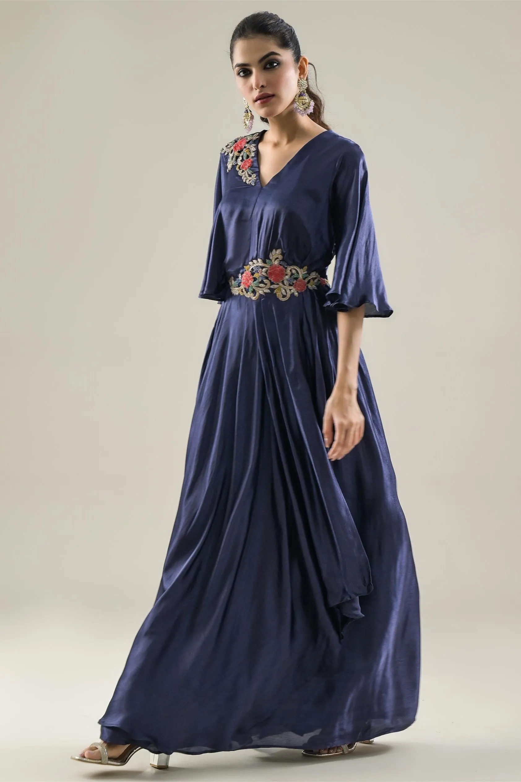 Deep Blue Embroidered Satin Chinon Silk Gown