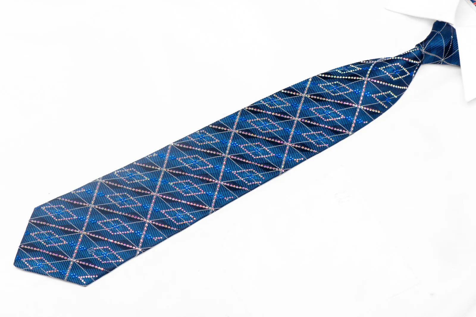 Geometric Rhinestone Pattern On Blue Rhinestone Silk Tie