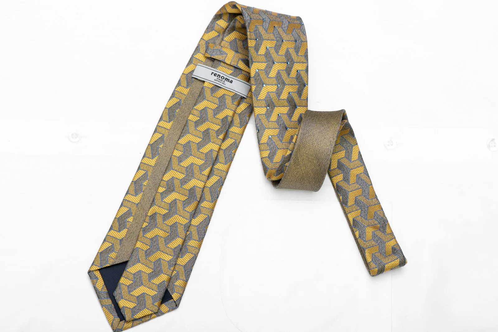 Gold Silver Blue Geometric Rhinestone Silk Necktie