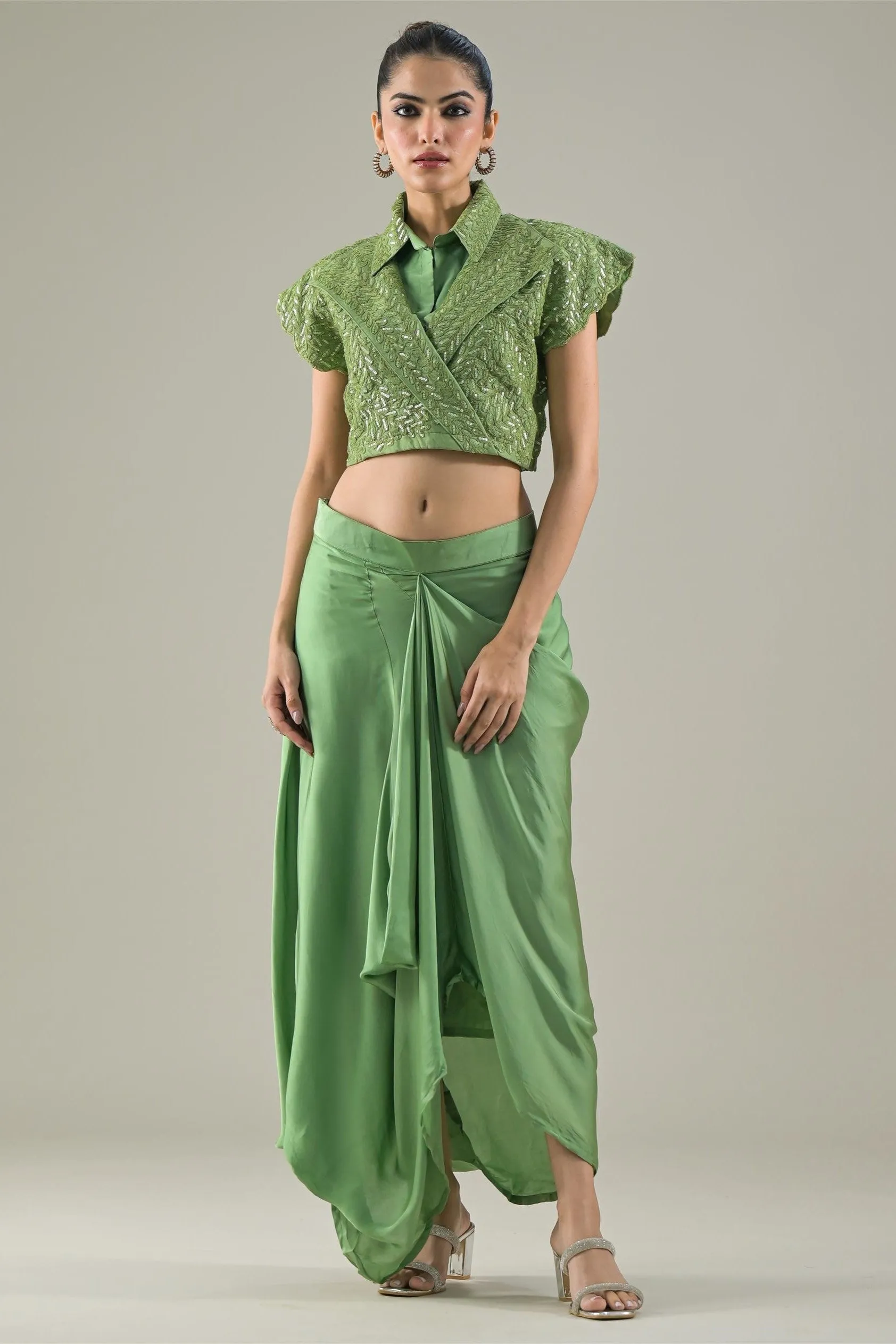 Green Embellished Raw Silk Jacket & Skirt Set