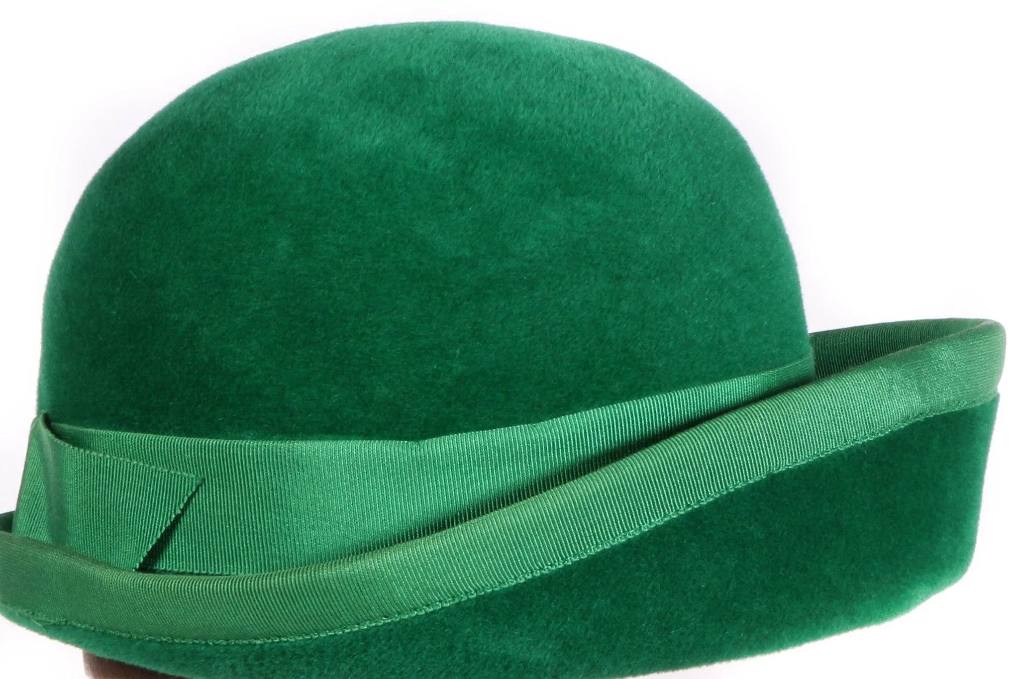 Green Vintage Soft Bowler Style Wool Felt Hat with Ribbon Trim Size 52cm