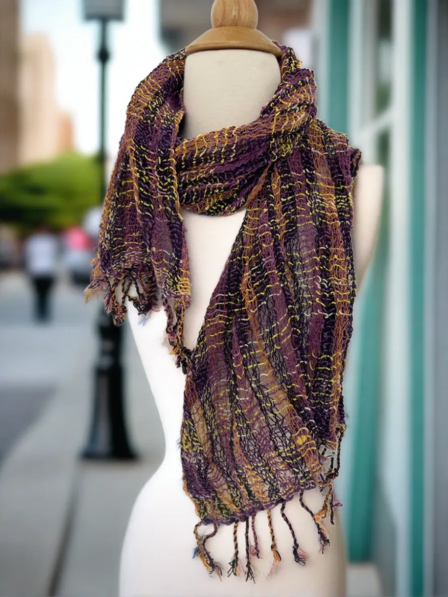 Handwoven Open Weave Cotton Scarf - Multi Black-Purple-Gold