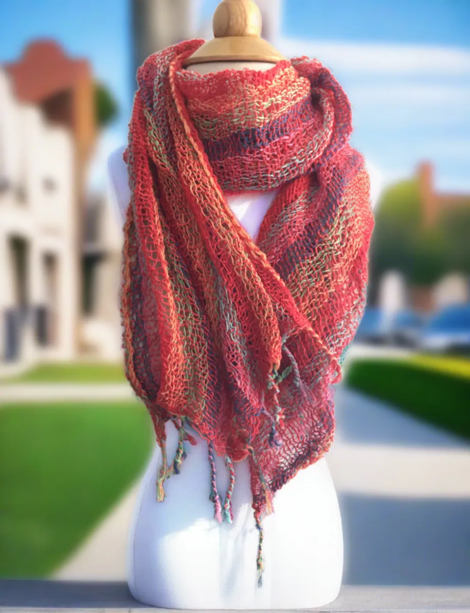 Handwoven Open Weave Cotton Scarf - Multicolor Sunset