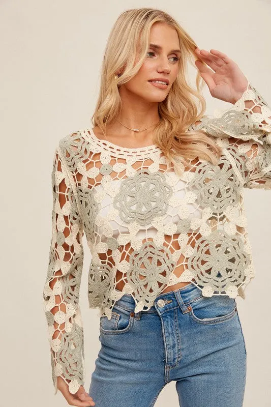 HEM & THREAD BOAT NECK BELL SLEEVE CROCHET TOP -SAGE/CREAM