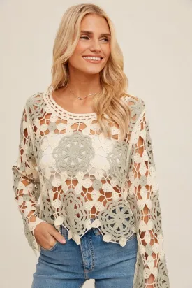 HEM & THREAD BOAT NECK BELL SLEEVE CROCHET TOP -SAGE/CREAM