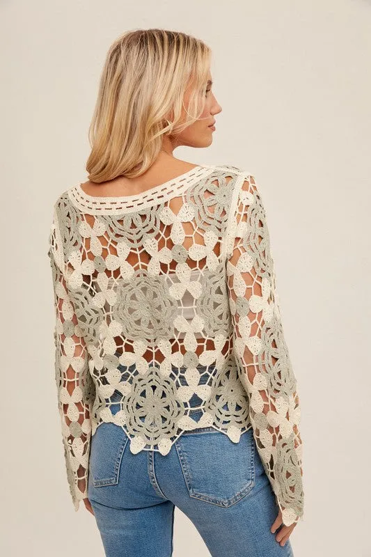 HEM & THREAD BOAT NECK BELL SLEEVE CROCHET TOP -SAGE/CREAM