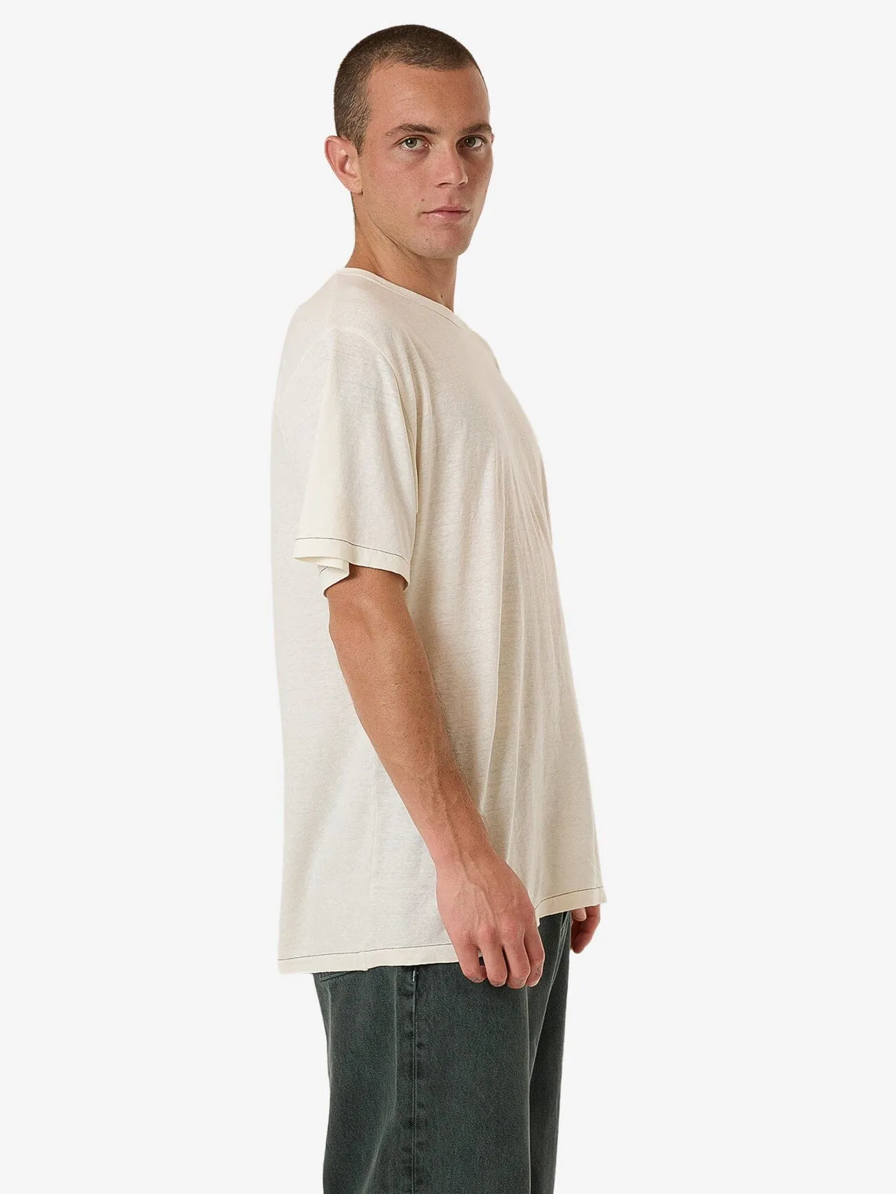 Hemp Thrills Embro Lightweight Contrast Stitch Merch Fit Tee - Dirty White