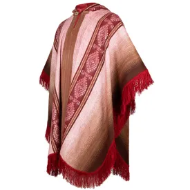 Huambi - Lightweight Baby Alpaca Fringed Hooded Poncho - Crimson - Unisex