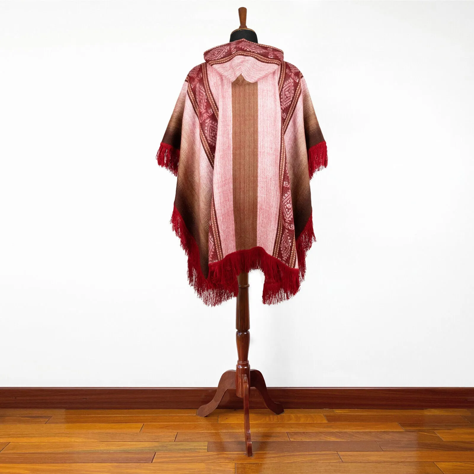 Huambi - Lightweight Baby Alpaca Fringed Hooded Poncho - Crimson - Unisex