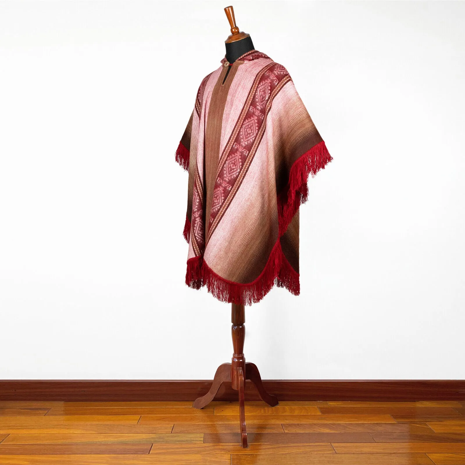 Huambi - Lightweight Baby Alpaca Fringed Hooded Poncho - Crimson - Unisex