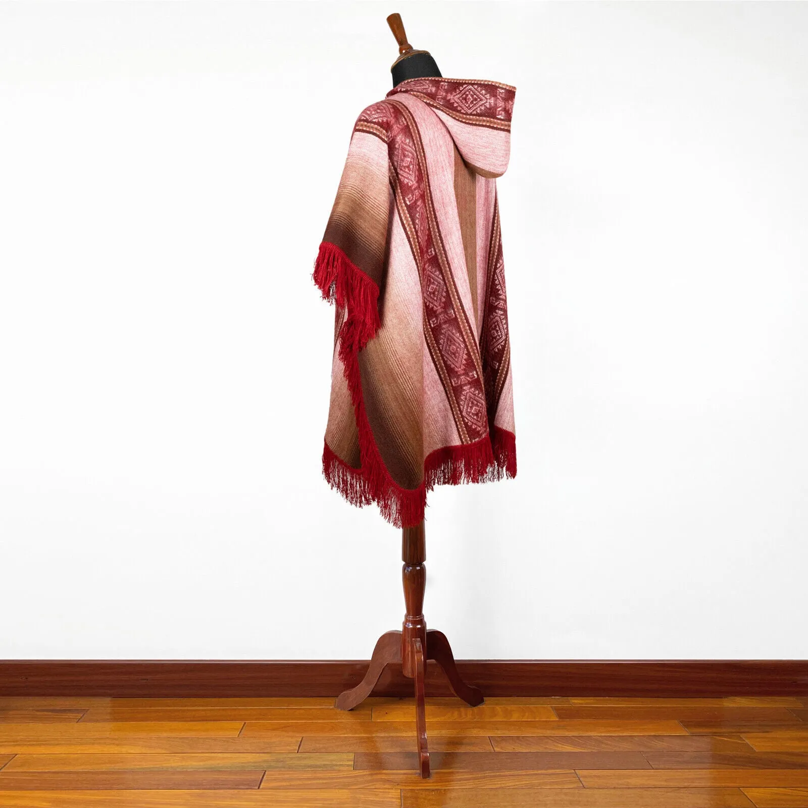 Huambi - Lightweight Baby Alpaca Fringed Hooded Poncho - Crimson - Unisex