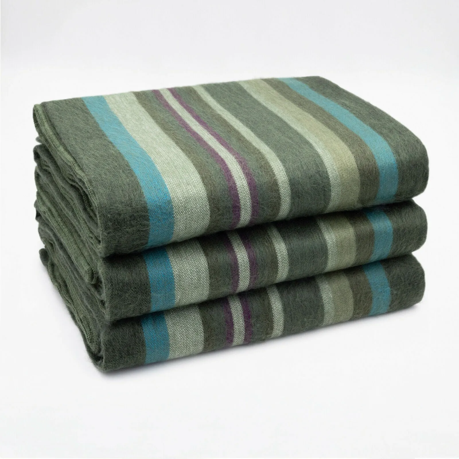 Jambue - Baby Alpaca Wool Throw Blanket / Sofa Cover - Queen 95" x 66" - olive green stripes pattern