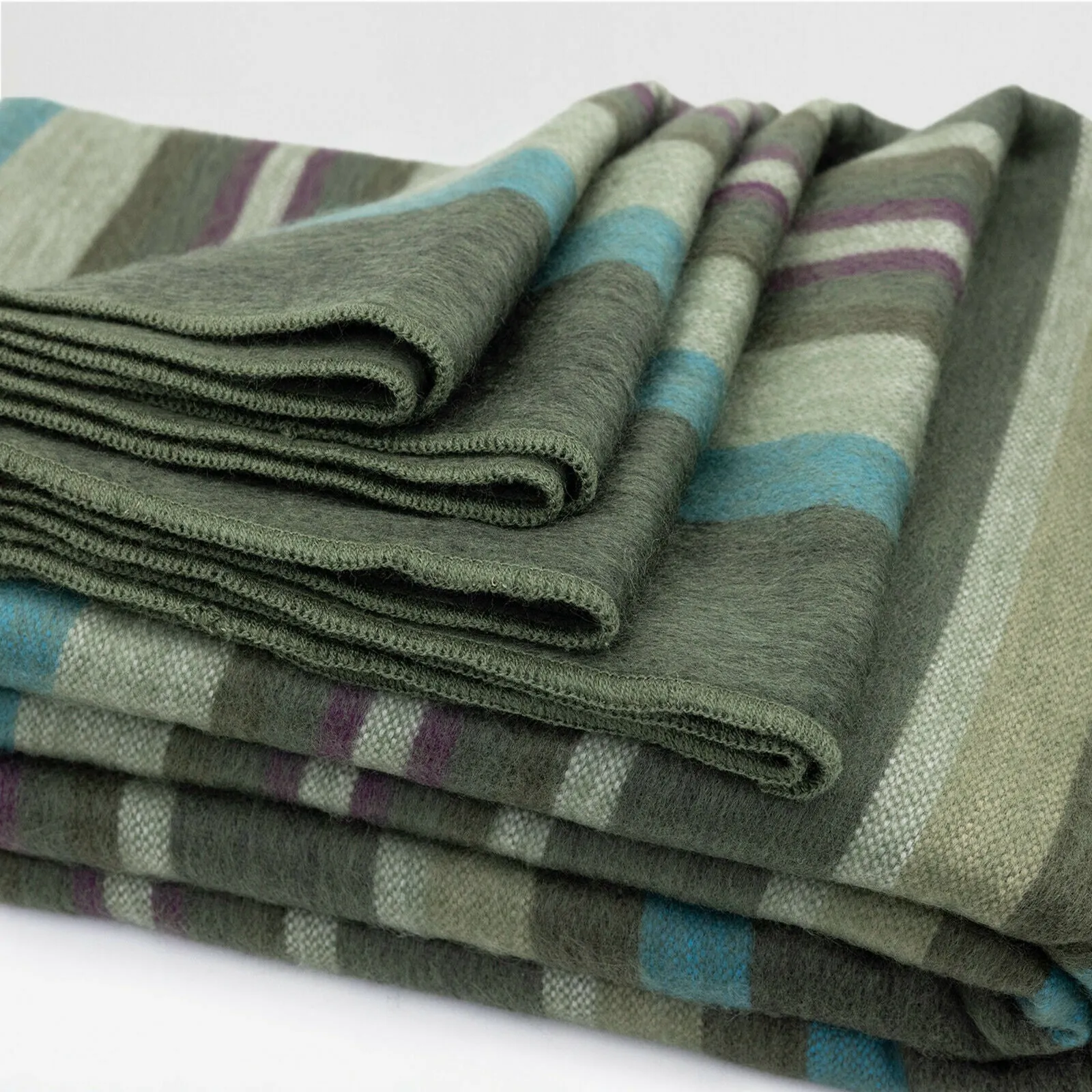 Jambue - Baby Alpaca Wool Throw Blanket / Sofa Cover - Queen 95" x 66" - olive green stripes pattern