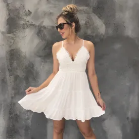 Lace Me Up Linen Skater Dress in Ivory