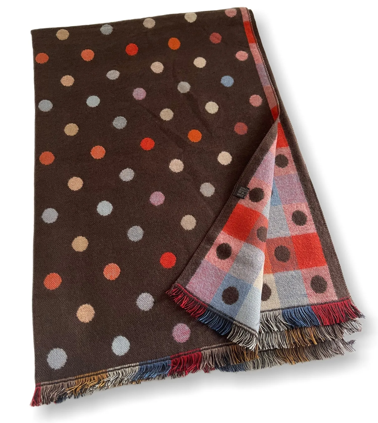 LARGE BROWN POLKA DOT COTTON MIX REVERSIBLE WINTER SHAWL BLANKET SCARF