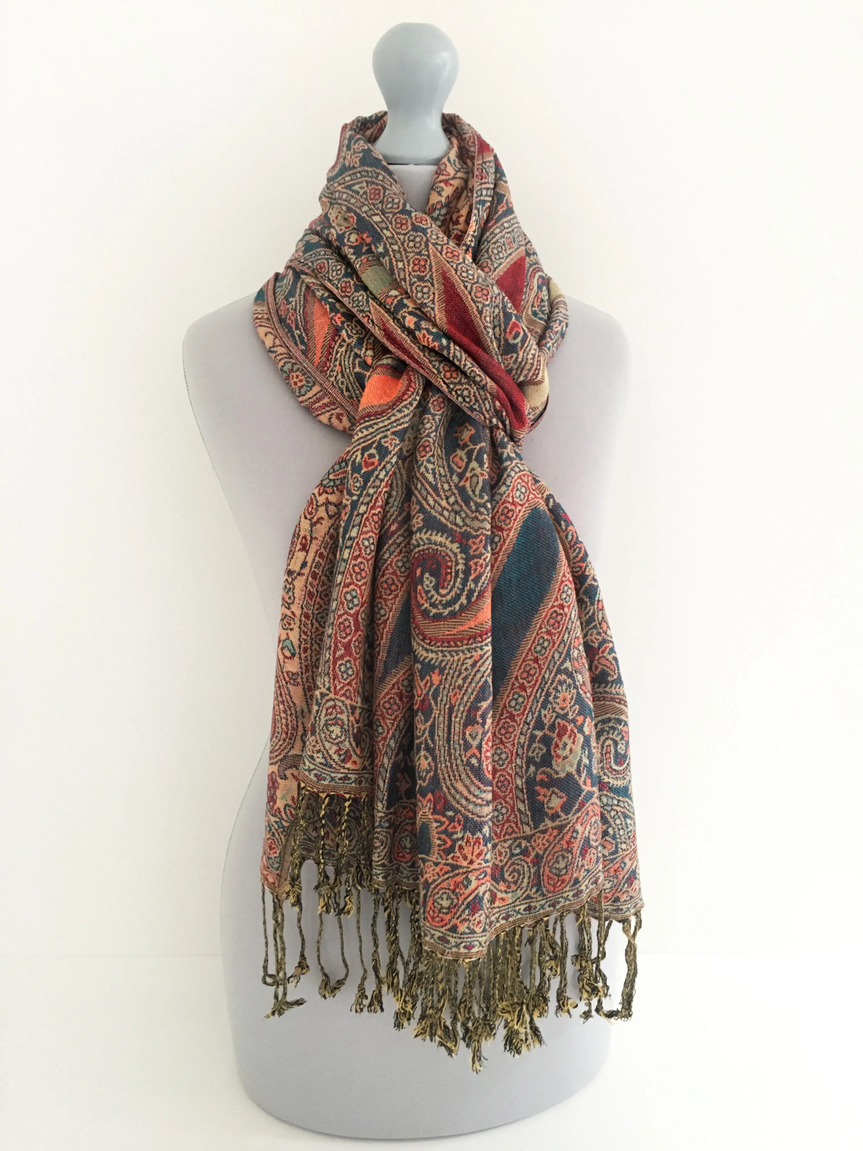 LARGE TEAL MULTI COLOUR PAISLEY PRINT PASHMINA SHAWL SCARF