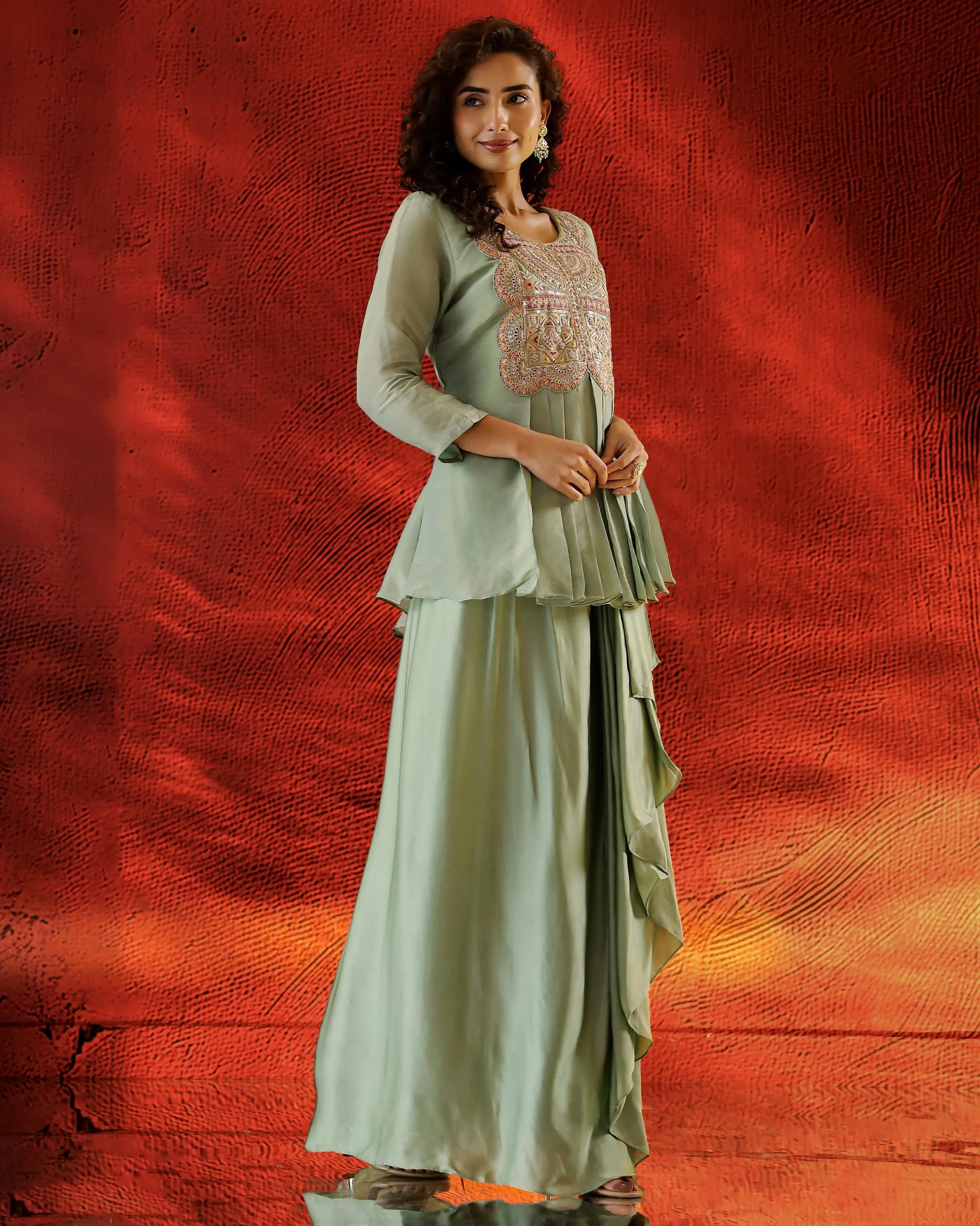 Light Green Embroidered Satin Silk Skirt Set