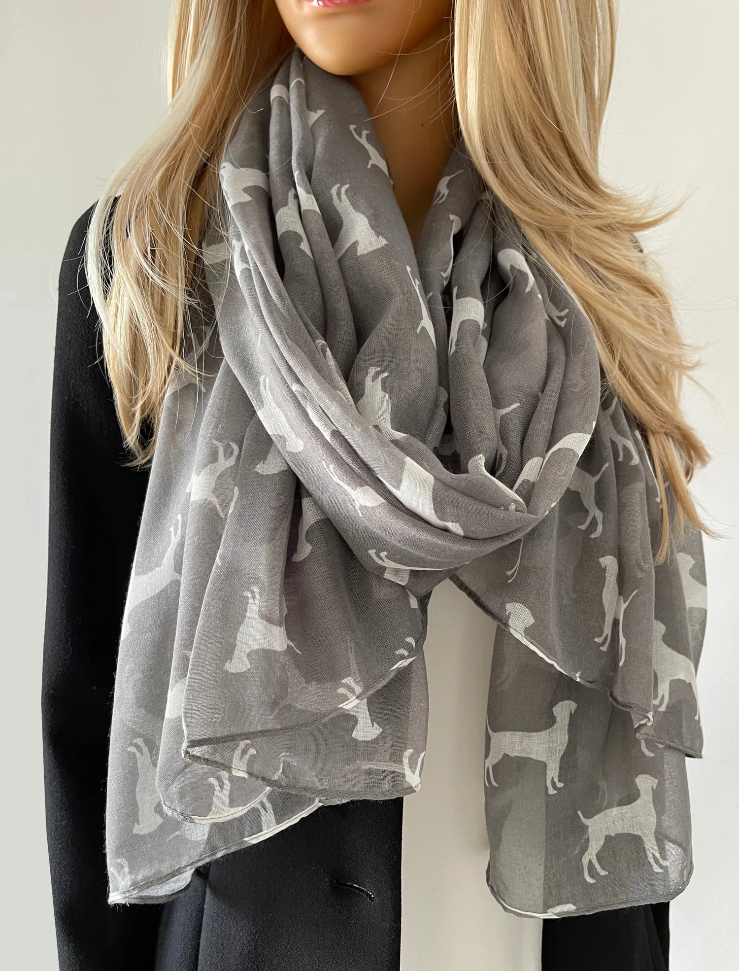 LIGHTWEIGHT GREY DOG PRINT SHEER NECK SCARF