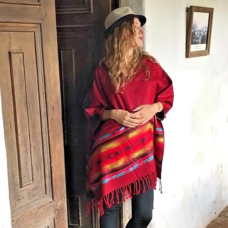 Lightweight Thin Alpaca Wool UNISEX Ruana Cape Poncho/Shawl - Red with authentic pattern