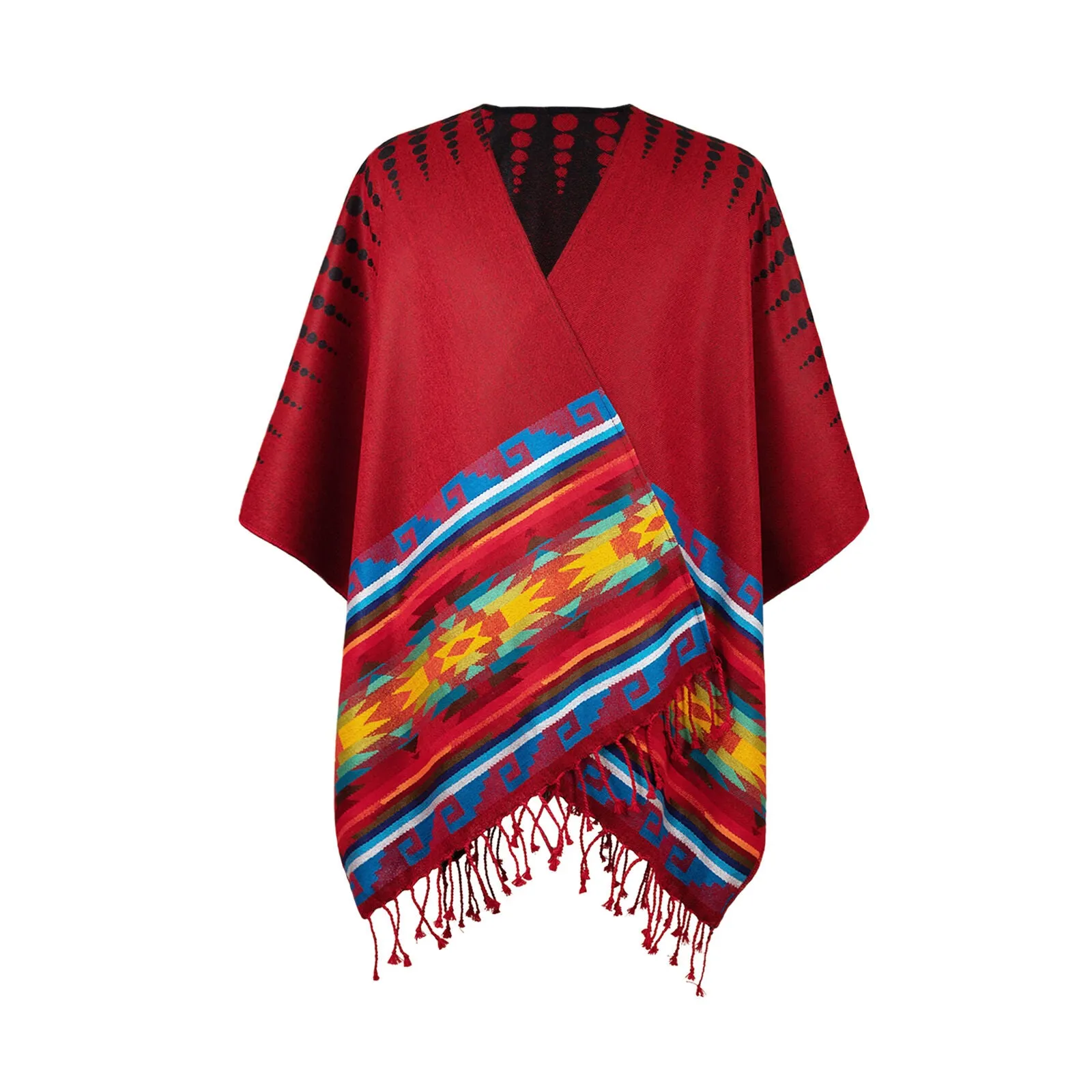 Lightweight Thin Alpaca Wool UNISEX Ruana Cape Poncho/Shawl - Red with authentic pattern