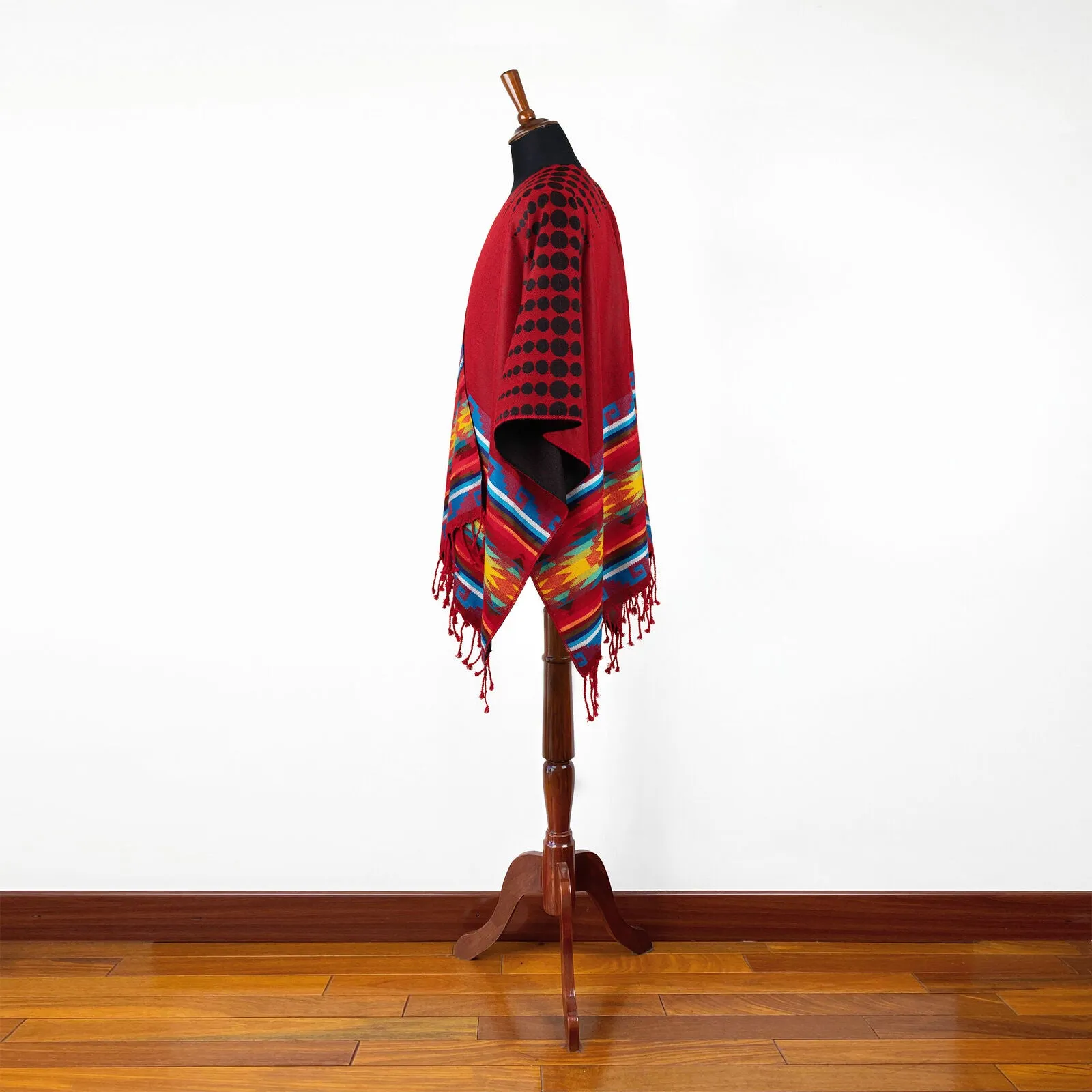 Lightweight Thin Alpaca Wool UNISEX Ruana Cape Poncho/Shawl - Red with authentic pattern