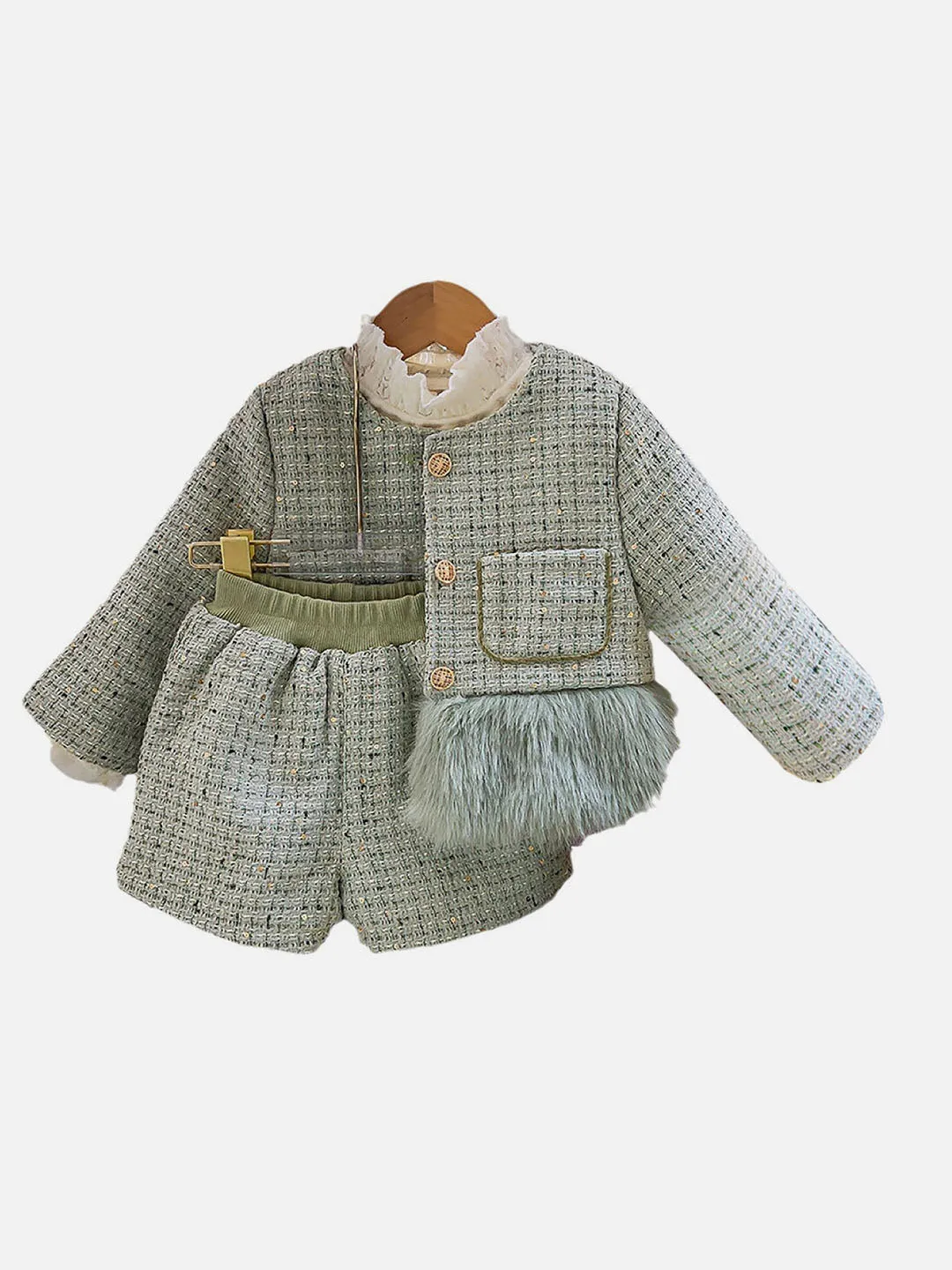 Little Surprise Box Olive  Fur Trim 2 pcs top & shorts Tweed Winterwear set for Girls-3-4Y