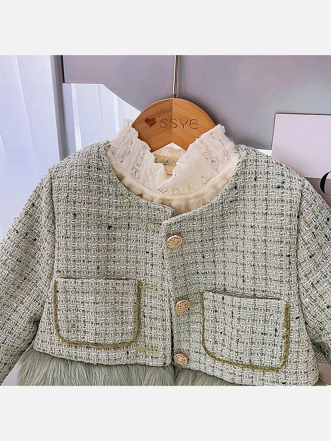 Little Surprise Box Olive  Fur Trim 2 pcs top & shorts Tweed Winterwear set for Girls-3-4Y