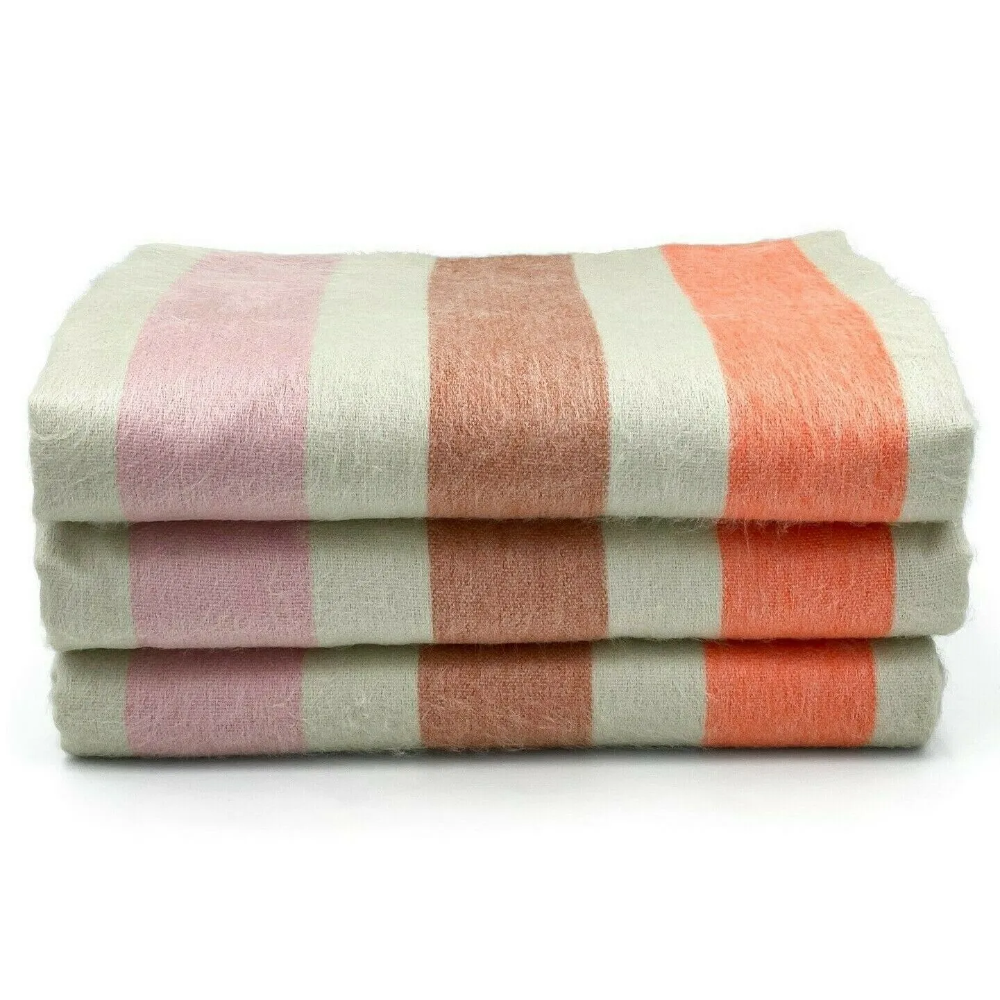 Lloa - Baby Alpaca Wool Throw Blanket / Sofa Cover - Queen 95" x 66" - striped cream/soft pink/carrot/orange/mocha