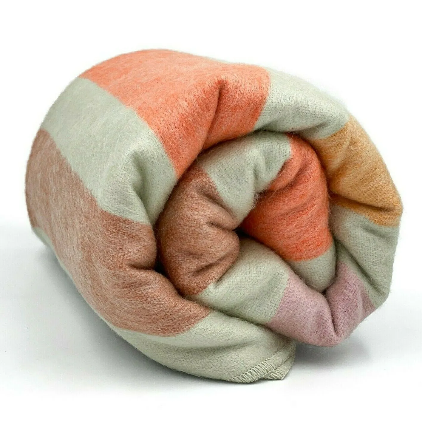 Lloa - Baby Alpaca Wool Throw Blanket / Sofa Cover - Queen 95" x 66" - striped cream/soft pink/carrot/orange/mocha