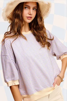 Loose Fit Striped Short Sleeve Crew Neckline Top