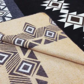 Mera - Baby Alpaca Blanket - Extra Large Reversible - Aztec Cross Southwest Pattern - Black/Grey/Tan/Earthtones