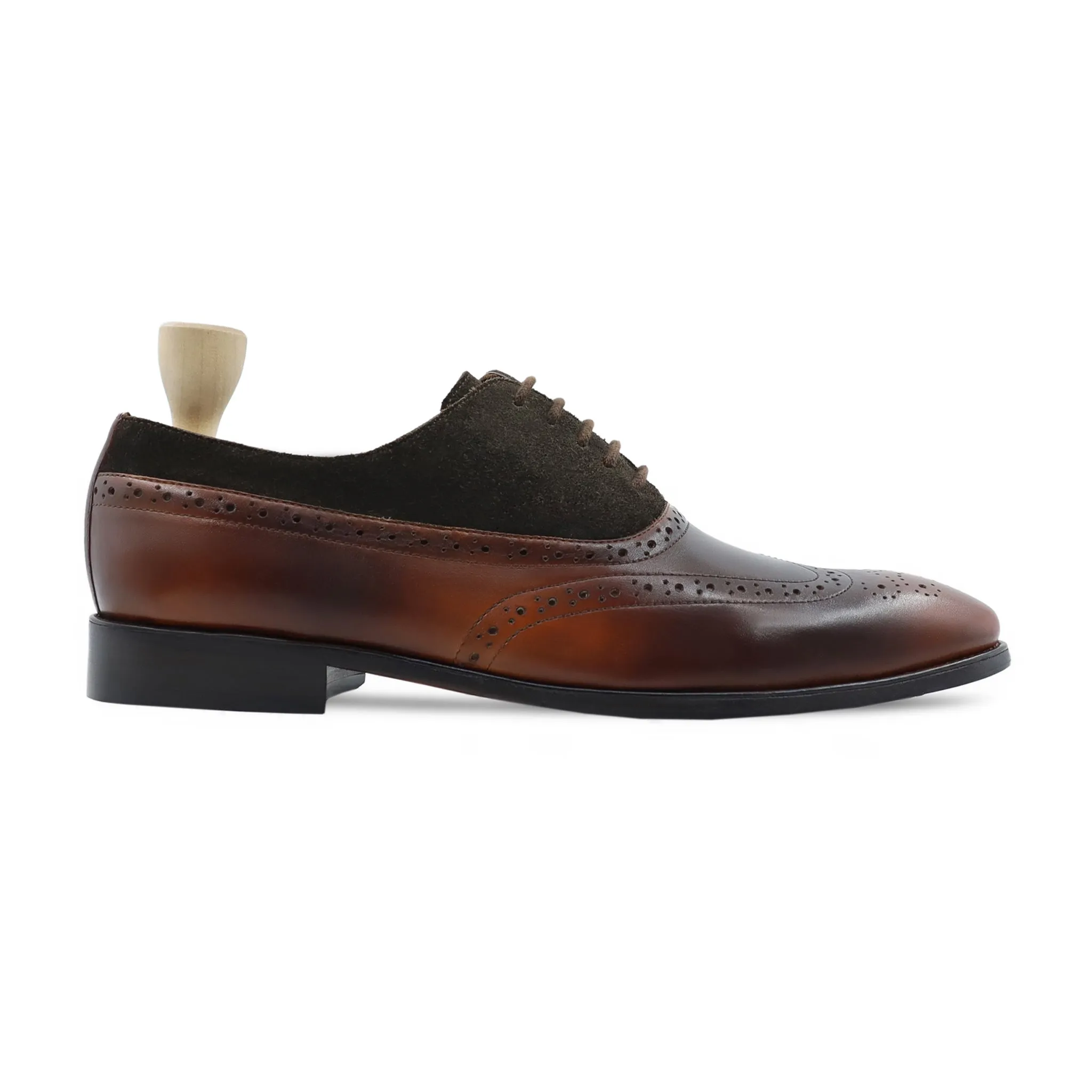 Norman - Men's Burnished Brown Calf Leather and Dark Brown Kid Suede Oxford Shoe