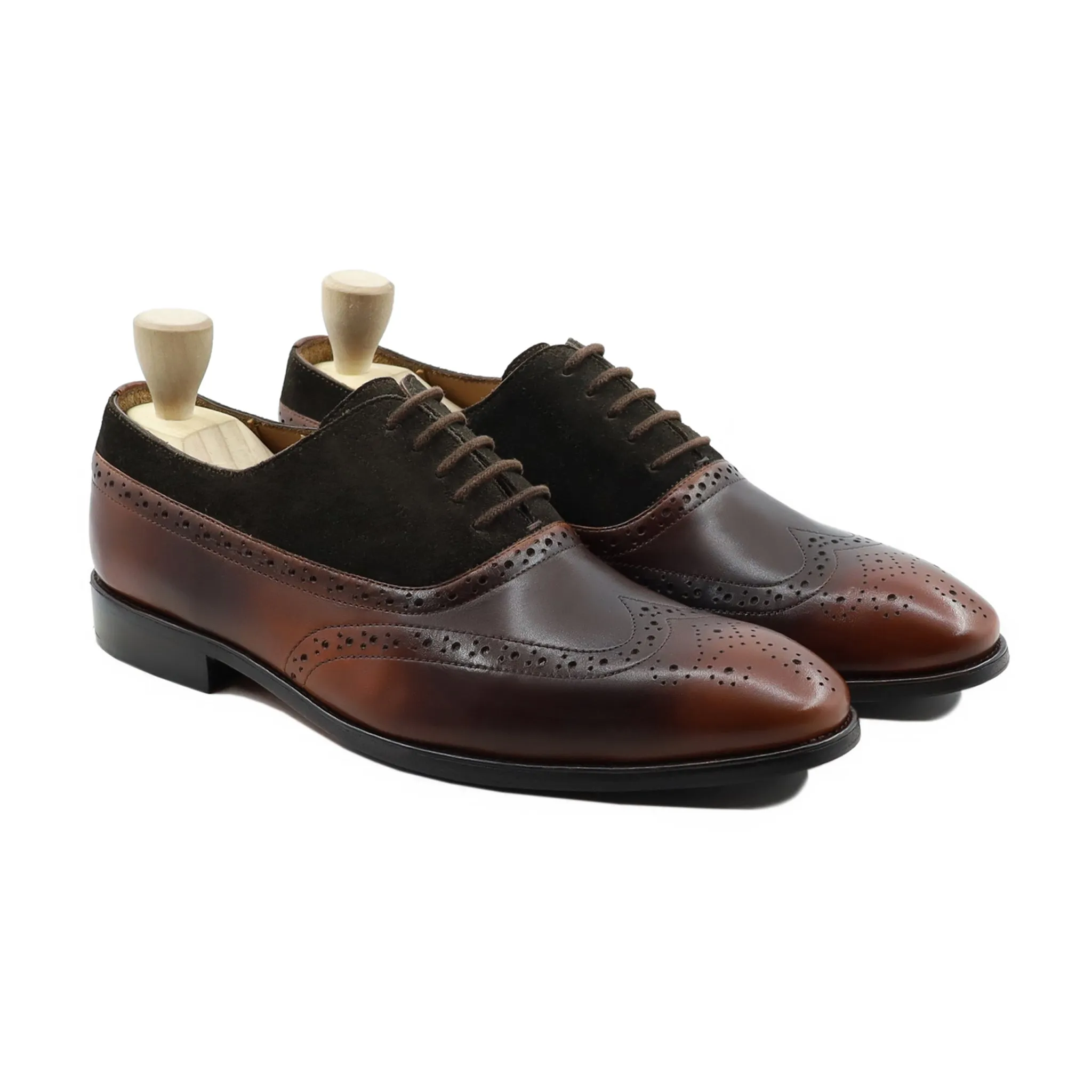 Norman - Men's Burnished Brown Calf Leather and Dark Brown Kid Suede Oxford Shoe