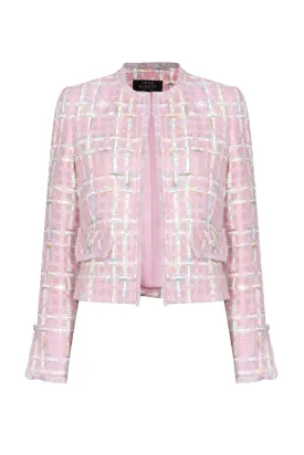 Pale Pink Featherweight Short Tweed Jacket with Pastel Overchecks - Carrie