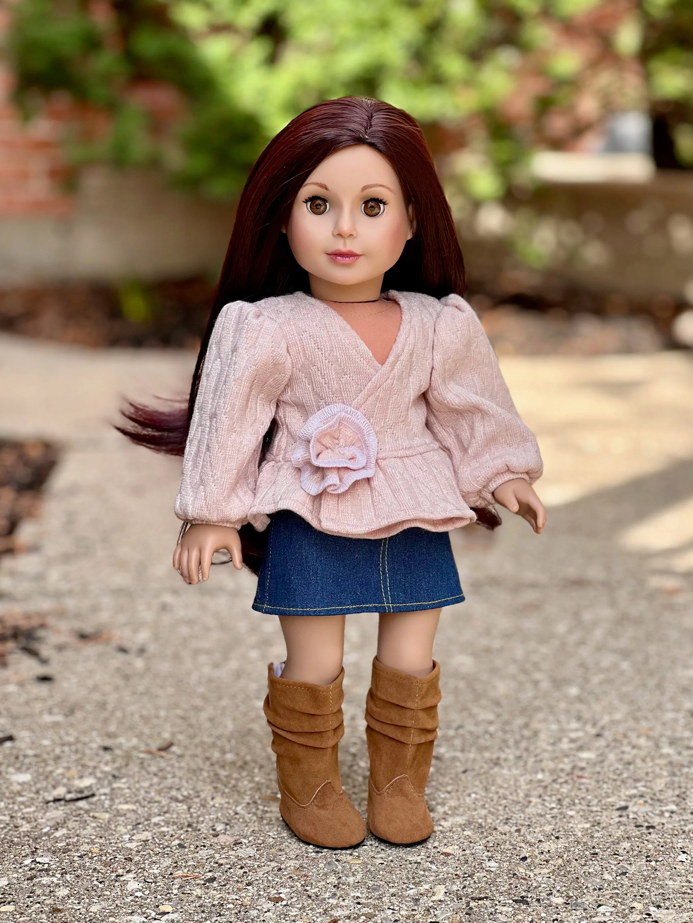 Passion for Fashion - 3 Piece Outfit for 18 Inch Doll - Pink Blouse, Denim Skirt and Brown Boots - 18 Inch Doll Cothes ( Doll Not Included)