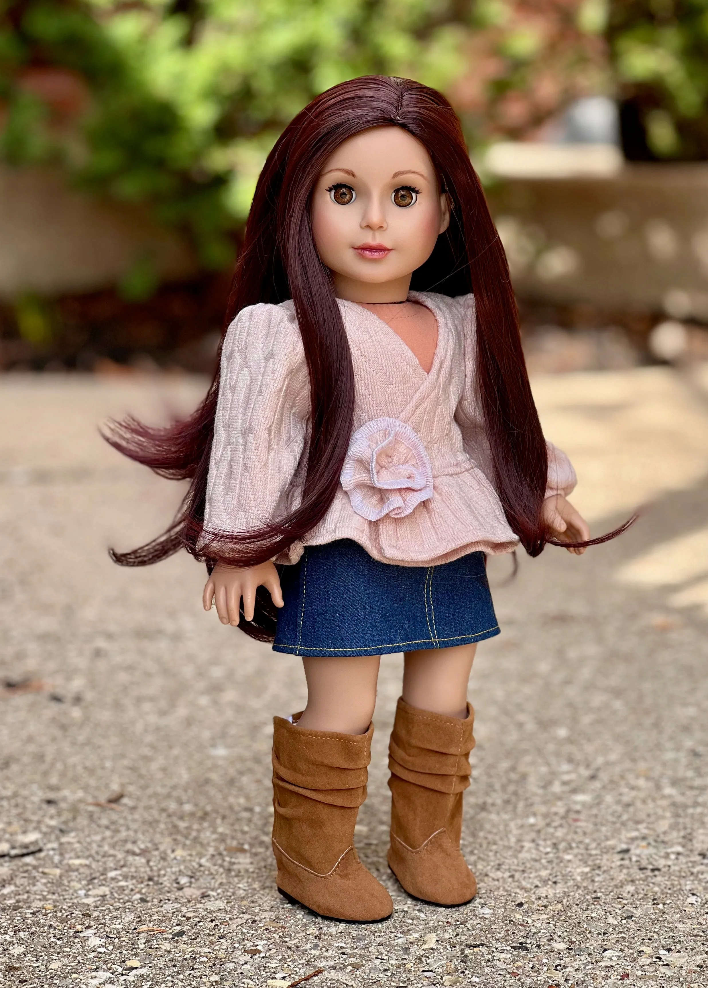 Passion for Fashion - 3 Piece Outfit for 18 Inch Doll - Pink Blouse, Denim Skirt and Brown Boots - 18 Inch Doll Cothes ( Doll Not Included)