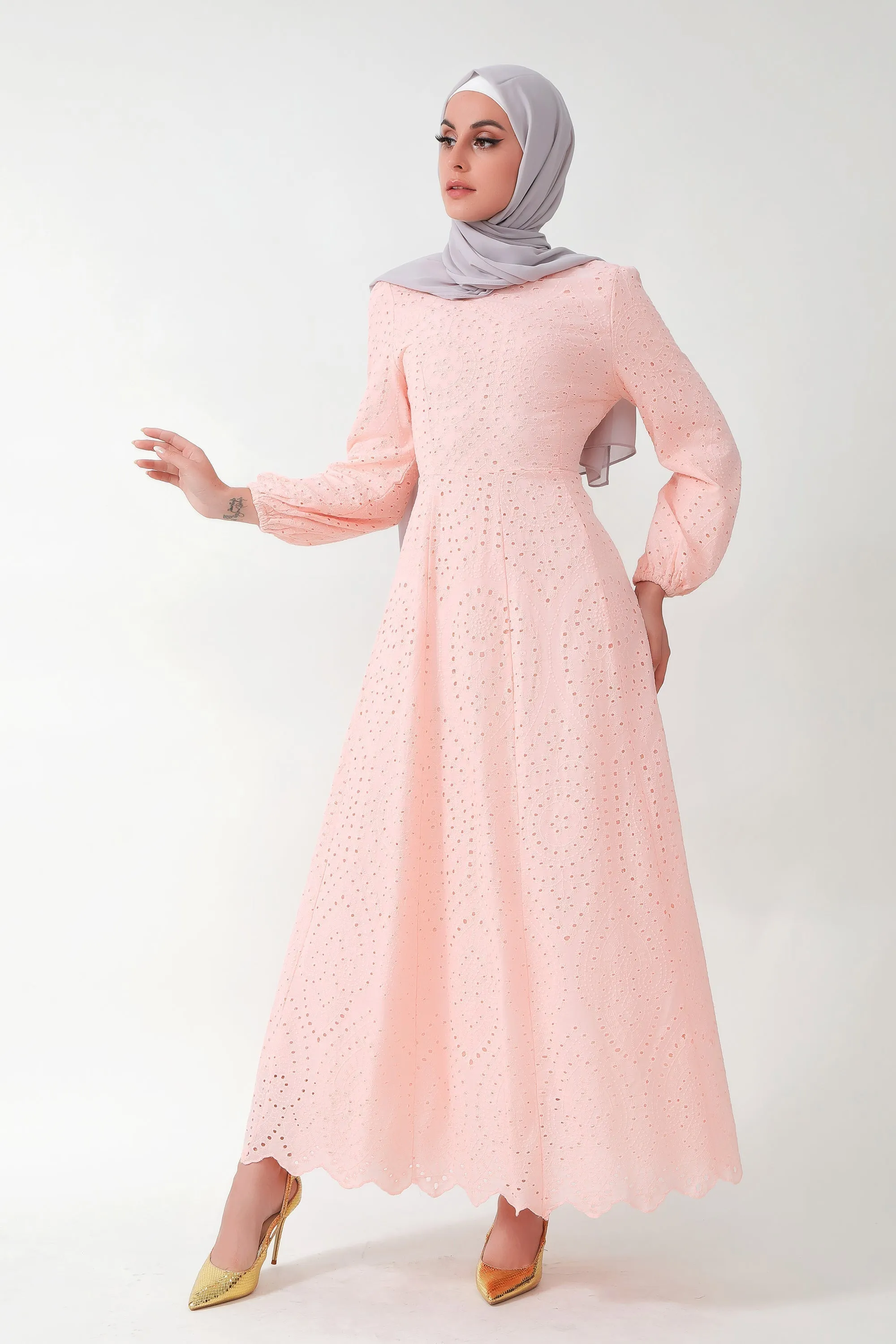 Peach Eyelet Long Sleeve Maxi Dress