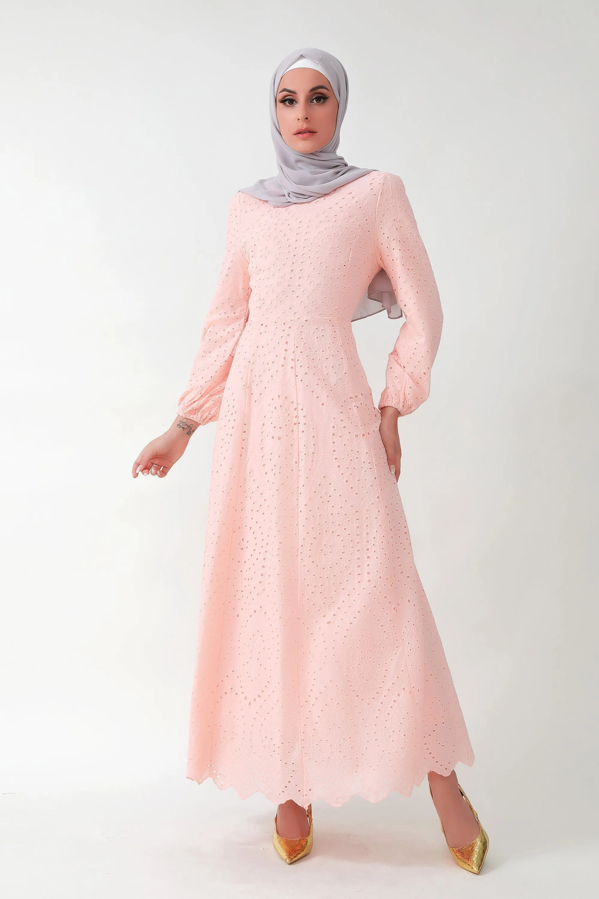 Peach Eyelet Long Sleeve Maxi Dress