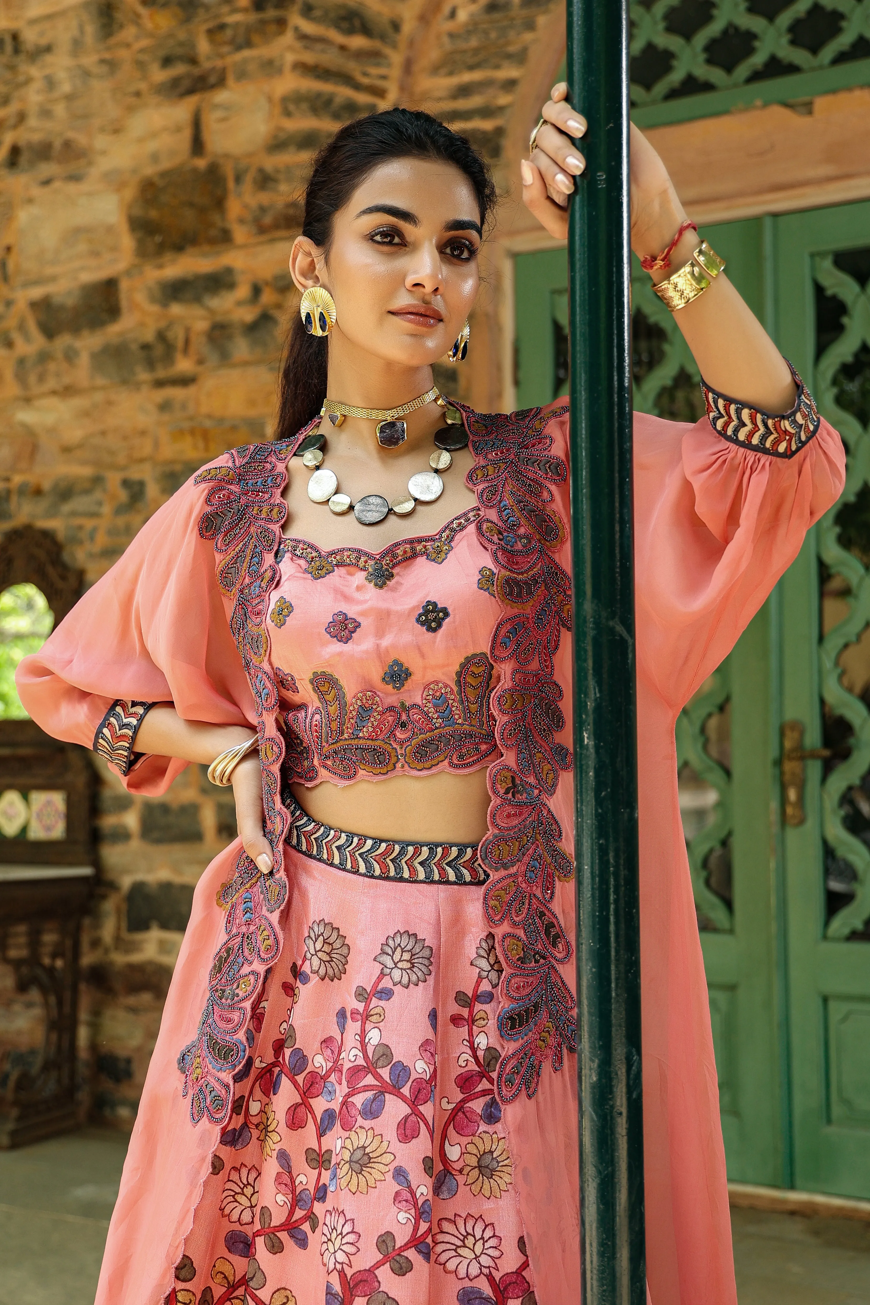 Peach Kalamkari Printed Organza Silk Cape Lehenga